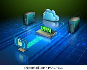 Virtual private network creating a secure connection between your devices and the internet. 3D illustration.