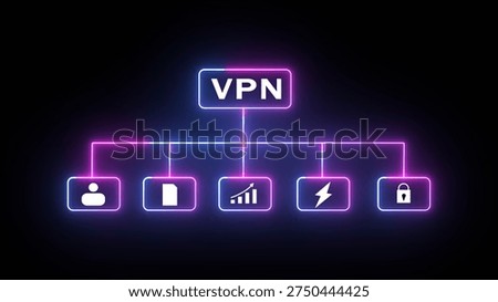 Virtual Private Network flowchart with for user, documents, analytics, speed, and security on a dark background with blue neon glow Keywords: virtual private network, VPN, flowchart, diagram. illustration