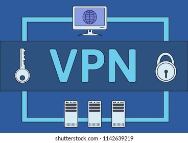 Virtual Private Network VPN explained. Infographic flat illustration on blue background. Horizontal. Raster version.