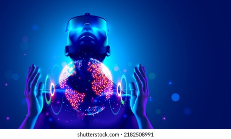 Virtual reality digital technology concept. Man wearing 3d VR headset glasses looks up, holds the globe in his hands of digital world. Virtual reality, Augmented reality or AR in metaverse simulation - Powered by Shutterstock