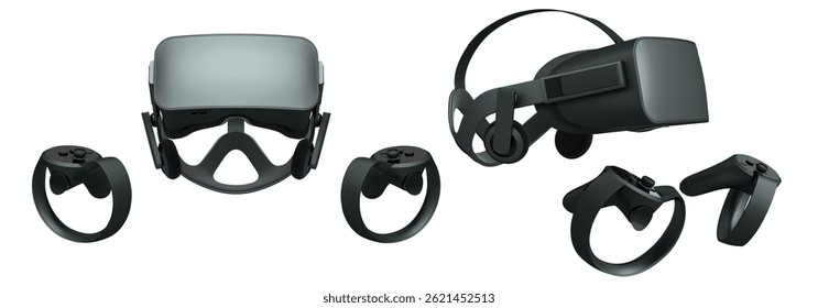Virtual reality glasses and headset with controllers isolated on white background with clipping path. 3D render of design that enhances immersive gaming experiences for users