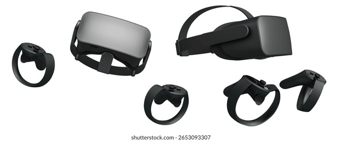 Virtual reality glasses and headset with controllers isolated on white background with clipping path. 3D render of design that enhances immersive gaming experiences for users
