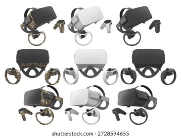 Virtual reality glasses and headset with controllers isolated on white background with clipping path. 3D render of design that enhances immersive gaming experiences for users