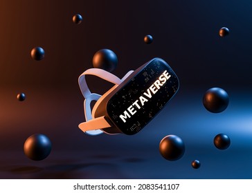 virtual reality glasses with metal spheres floating around and illuminated sign with the word METAVERSE. futuristic concept of video games, NFT, VR and crypto. 3d rendering