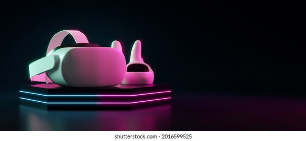 Virtual Reality Goggles, VR Glasses, Headset With Controllers On Neon Light Podium And Isolated On Black Background, 3d Rendering, 3d Illustration