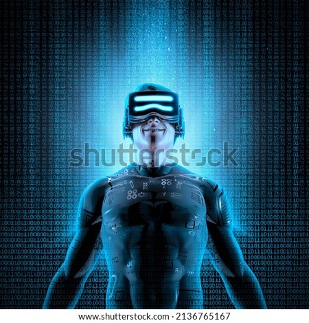 Virtual reality joy - 3D illustration of smiling male figure in virtual gear inside glowing binary code