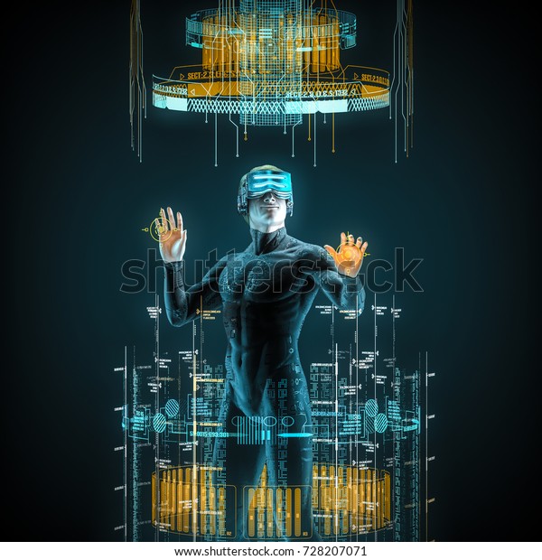 バーチャルリアリティの男性ユーザー サイバースペースで動くバーチャルギアの男性の姿の3dイラスト のイラスト素材