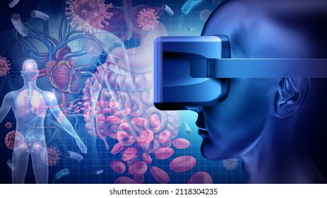 Virtual Reality Medicine And Medical Education Technology As The Human Body And Disease See Through A VR Headset As A Healthcare Exploration Simulation With 3D Illustration Elements.