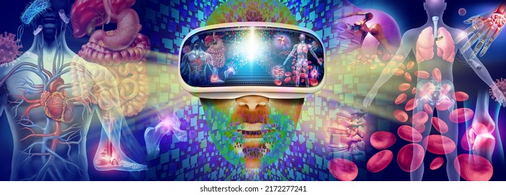 Virtual Reality Medicine And Metaverse Medical Education Technology  As The Human Body And Disease See Through A VR Headset As  A Healthcare Exploration Simulation With 3D Illustration Elements.