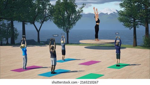 Virtual Reality - People Playing As Avatars Participating In Yoga Training Event In Metaverse With Real Female Coach. Online Workout Training, VR Or Mobile Fitness Application. 3D Rendering