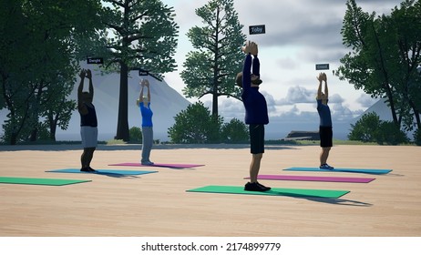 Virtual Reality - People Playing As Avatars Participating In Yoga Training Event In Metaverse. Online Workout Training, VR Or Mobile Fitness Application. Generic 3d Rendering