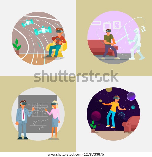 Virtual reality set flat illustration. People\
in VR headsets interacting with graphs, playing vr games driving\
race car, fighting with knight, flying in outer space. Virtual\
reality\
technology.