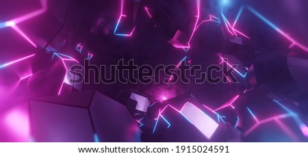 Virtual Reality space world in a block, cube effect. Video Game retro asteroid field. purple, pink and blue lights racing along a digital landscape. 3D render Stock foto © 