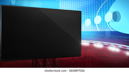 Virtual reality studio backdrop with big empty monitor, for TV shows or commercials. Ideal for VR tracking system sets, with green screen. (3D rendering)