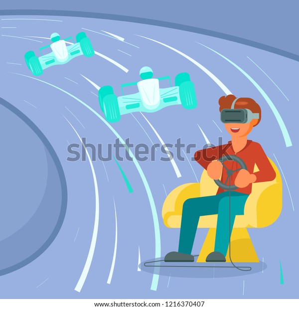 Virtual reality technology and entertainment\
concept illustration. Boy in VR headset driving race car while\
playing virtual reality game at\
home.