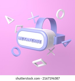 Virtual Reality Or VR Goggles 3D Icon With Text On Purple Background. VR Goggles Icon, Virtual Reality Technology, Metaverse Virtual World Concept. 3d Render Illustration