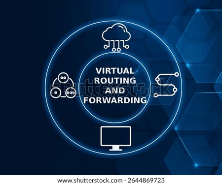 virtual routing and forwarding tech concept.A technology used to create multiple virtual networks within a physical router, enabling traffic segregation and independent routing tables.