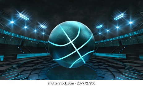 Virtual sport stadium with blue glowing basketball ball floating in the air. Digital 3D illustration for sport advertisement. - Powered by Shutterstock