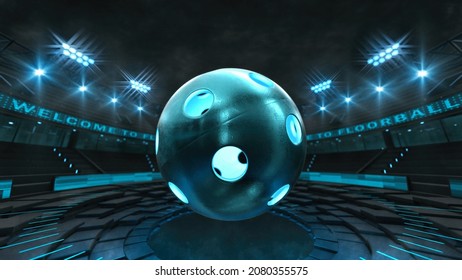 Virtual sport stadium with blue glowing floorball ball floating in the air. Digital 3D illustration for sport advertisement.