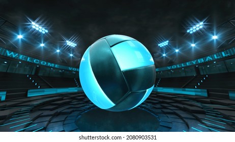 Virtual sport stadium with blue glowing volleyball ball floating in the air. Digital 3D illustration for sport advertisement.	
 - Powered by Shutterstock