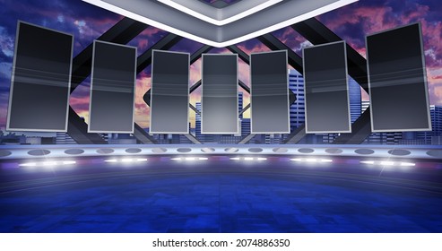 Virtual Stage Background With Led Screens, Ideal For Live Music Events Or TV Shows. 3D Rendering Backdrop, Suitable On VR Tracking System Sets, With Green Screen