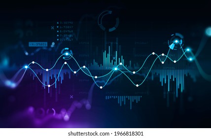 Virtual stock market lines and financial charts over dark background. Concept of finance advisory and international consulting. Huds, numbers and line graphs