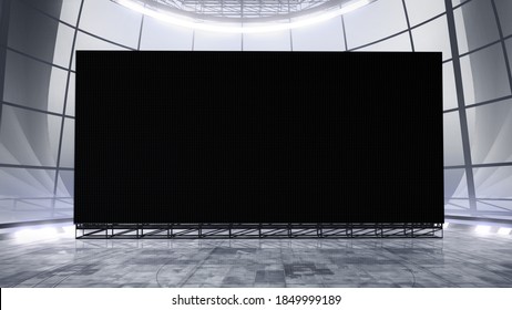 Virtual studio background with a big empty videowall display ideal for tv shows, commercials or events. Suitable on VR tracking system stage sets, with green screen. (3D rendering)
