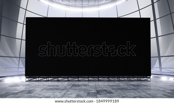 Virtual studio\
background with a big empty videowall display ideal for tv shows,\
commercials or events. Suitable on VR tracking system stage sets,\
with green screen. (3D\
rendering)