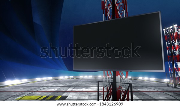 Virtual studio\
background with an empty monitor and spotlights for tv shows,\
e-commerce or movie events. A 3D render template Ideal for VR\
tracking system sets, with green\
screen