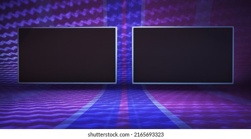 Virtual Studio Panel With Two Screens. TV Broadcast Background With An Automotive Race, Carbon Aesthetic, Ideal For Sport News Or TV Shows. 3D Rendering Backdrop VR System Sets, With Green Screen