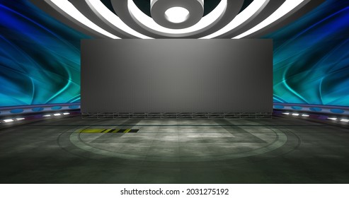 Virtual Studio Set With A Big Empty Videowall Display. A 3D Render Backdrop Template, Ideal For Tv Shows, Infomercials Or Keynotes. Suitable On VR Tracking System Stage Sets, With Green Screen.