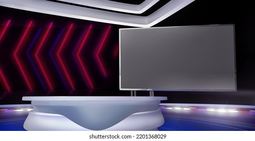 Virtual TV Show Background With A Desk And A Empty Monitor Screen. 3D Graphics Render Template Backdrop, Ideal For Sports News, Game, Casino Or Gambling Online Broadcasts And Live Events