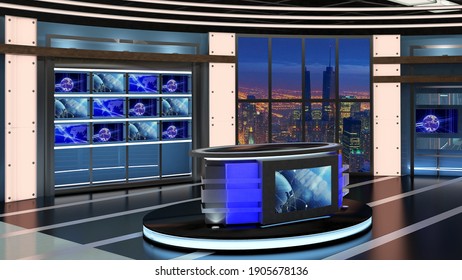 Virtual TV Studio News Set 27. Green Screen Background. 3d Rendering.