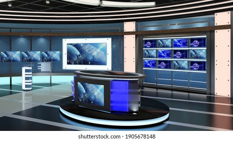 Virtual TV Studio News Set 27. Green screen background. 3d Rendering.