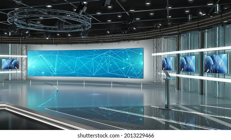 Virtual TV Studio News Set. Green Screen Background. 3d Rendering.