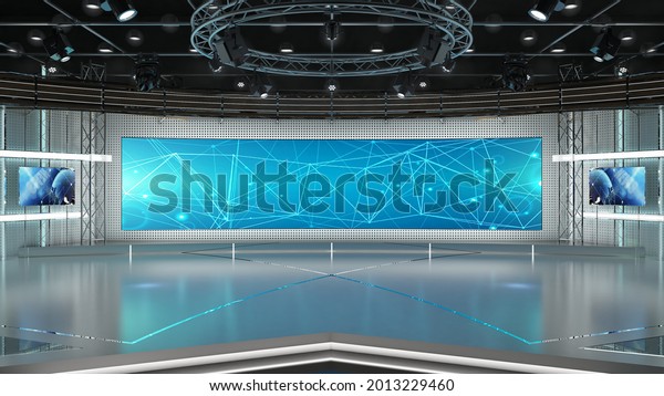 Virtual TV Studio News Set. Green screen\
background. 3d\
Rendering.