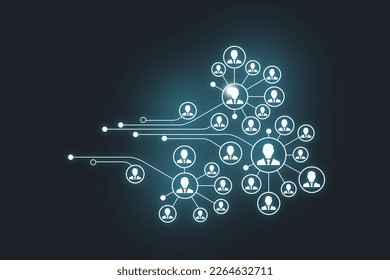  Virtual visualization of network chain with person icons. Human capital and teambuilding concept.