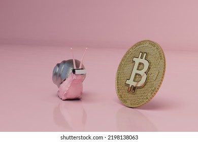 Virtual World Of Cryptocurrency. Slow Growth In Bitcoin Prices. A Snail In Virtual Reality Glasses With Bitcoin. 3D Render