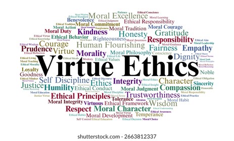 Virtue Ethics Word Cloud. Collection Of Key Terms Related To Moral Character, Integrity, Justice, And Human Flourishing. Educational Resource For Ethical Philosophy Studies.