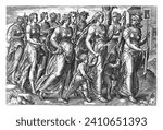 Virtues on the way to the bride, Johannes Wierix (possibly), after Gerard van Groeningen, 1574 The female personifications of various virtues walk in a procession to the house of the bride (Sponsa).