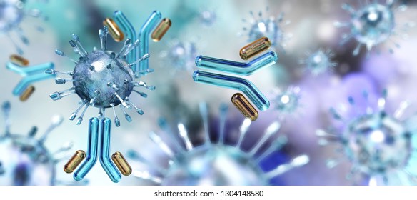 Virus and antibodies close up, microorganism, a microscopic organism, especially a bacterium, virus, or fungus. 3d rendering