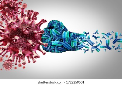 Virus Antibody And Immunoglobulin Concept As Antibodies Attacking Contagious Virus Cells And Pathogens As A 3D Render.