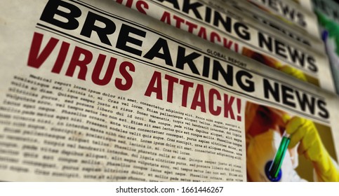 Virus Attack Breaking News – Newspaper Printing 3d Illustration. Danger Warning In Retro Paper Media Press Production Abstract Concept.