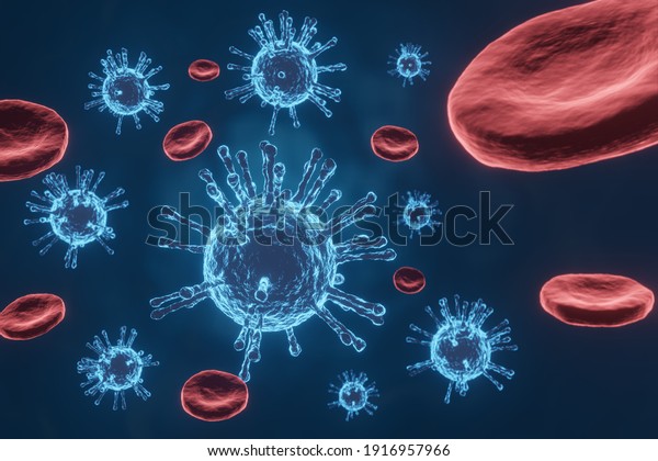  Virus
background with disease cells and red blood cell.COVID-19 Corona
virus outbreaking and Pandemic 3D
rendering