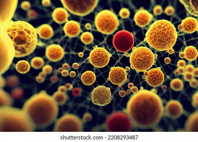 Virus And Bacteria Attacking Human Blood Cells. Pathogen Bloodstream. Bacterium Infection View Under Microscope. Bacillus Selective Focus. Abnormal Health Risk Particles Medical Background