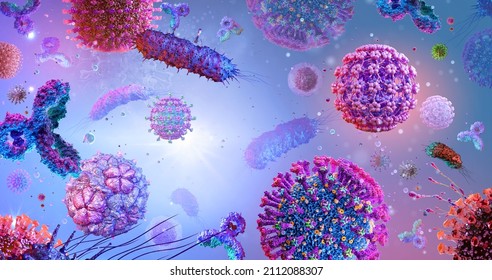 Virus, Bacteria, Fungi Medical 3D Background. Coronavirus Covid-19 Disease Epidemic Strains. Omicron, Rhinovirus, HPV Infection, HIV, Adenovirus, Influenza Illness Virus Cells, Antibody, Bacteriophage