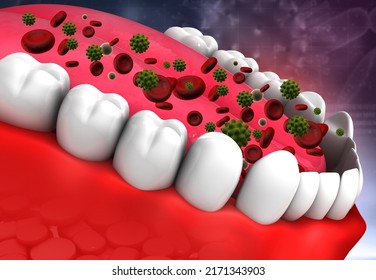 Virus Bacteria In Open Human Mouth. 3d Illustration	