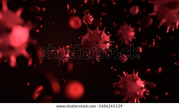 Virus and\
blood cells in the body, microbiology 3d rendering illustration.\
Infection in a living\
organism