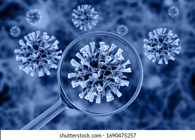 Virus cell view through a magnifying glass. Coronavirus concept. 3D illustration.