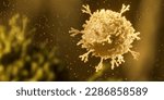 Virus cells, a dangerous bacterium in the human body on a yellow background. View under an electron microscope. Epidemiology. 3d rendering
